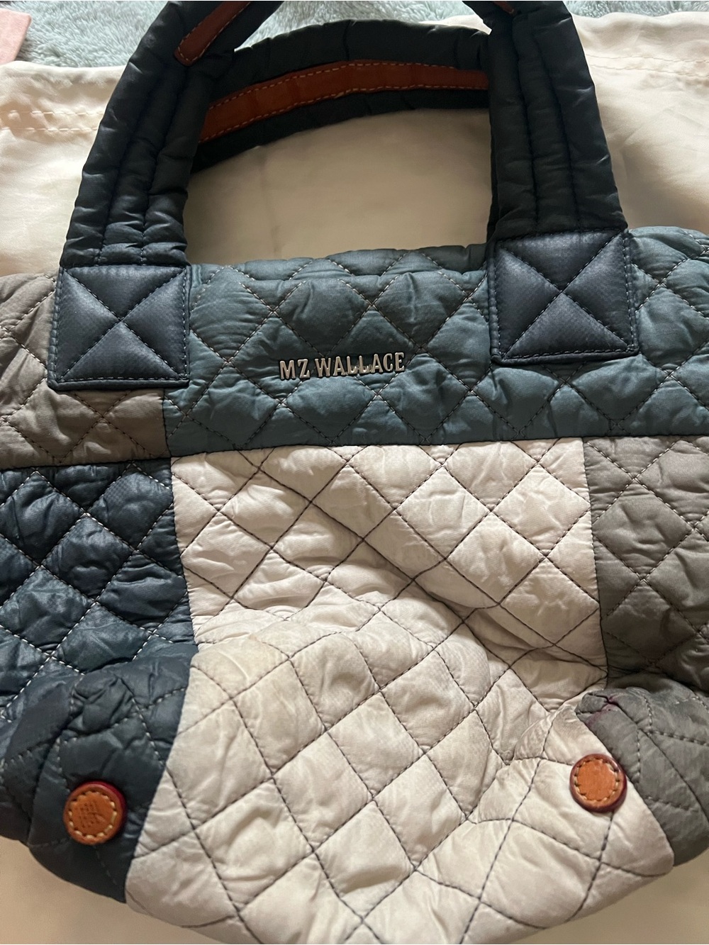 MZ Wallace Quilted Patchwork Tote in Gray, Cream and Tan Accents